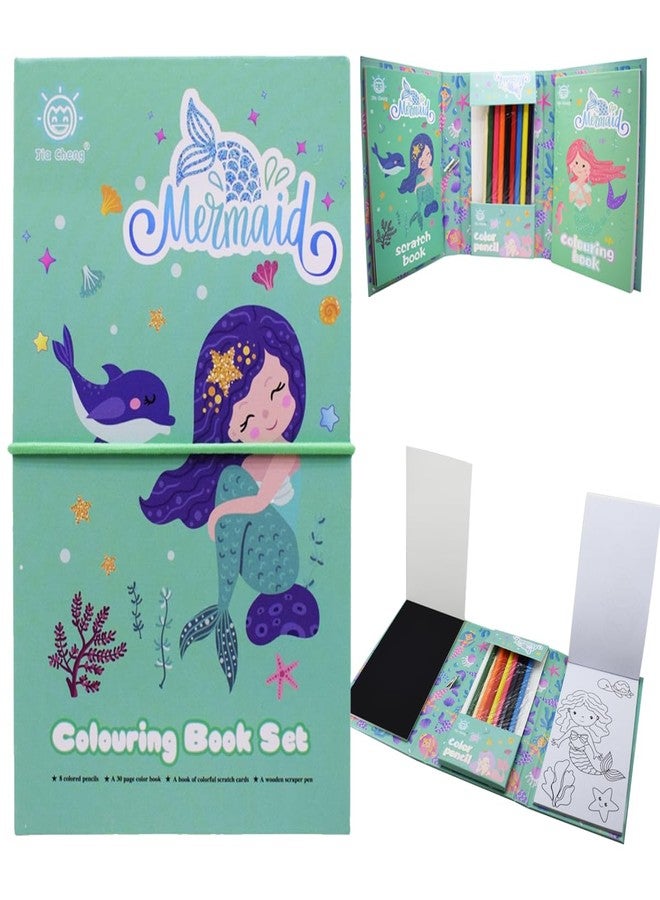 Asera كتاب تلوين وخدش من أسيرا مع 8 أقلام تلوين، مجموعة كتب تلوين ورسم فنية للأطفال من عمر 3 سنوات فما فوق، هدية عيد ميلاد للأطفال (حورية البحر) - Image 1